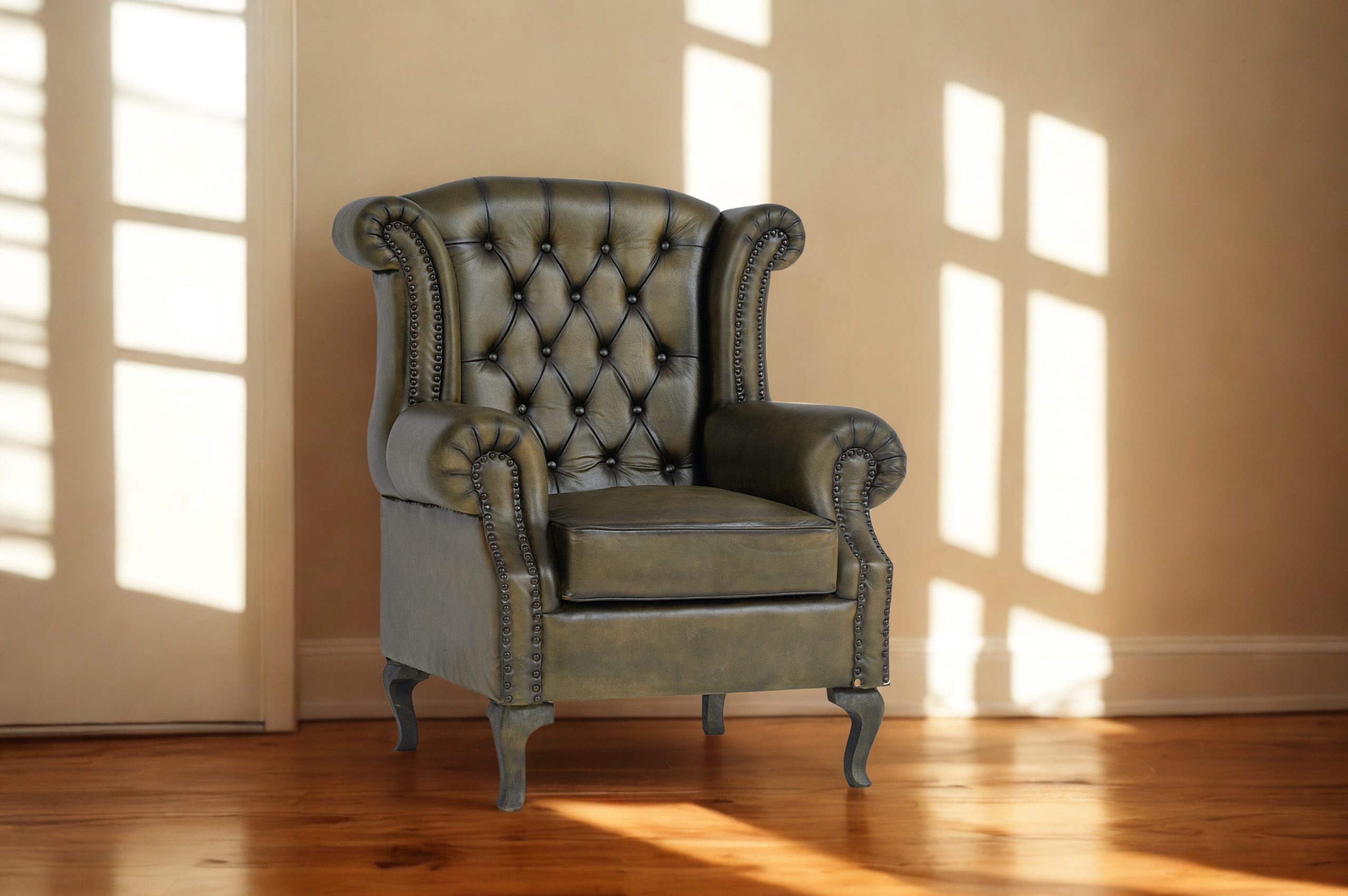 Leather Wingback Armchair – Green High Back Chair | RS Woodworking