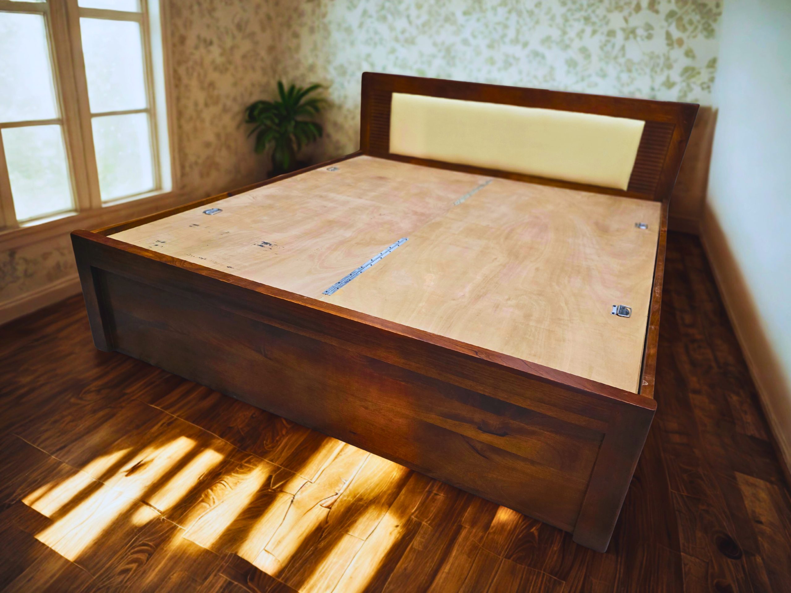 Wooden Platform Bed with Upholstered Headboard