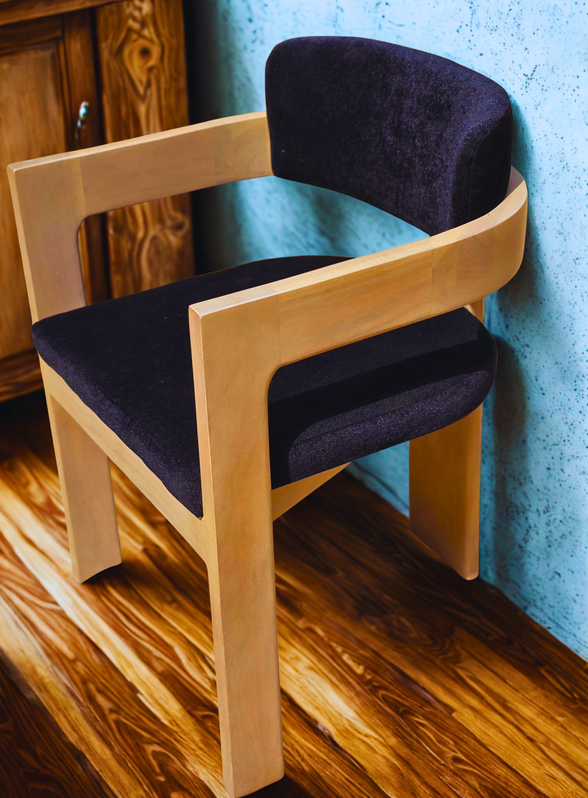 Modern Wooden Armchair with Black Upholstery