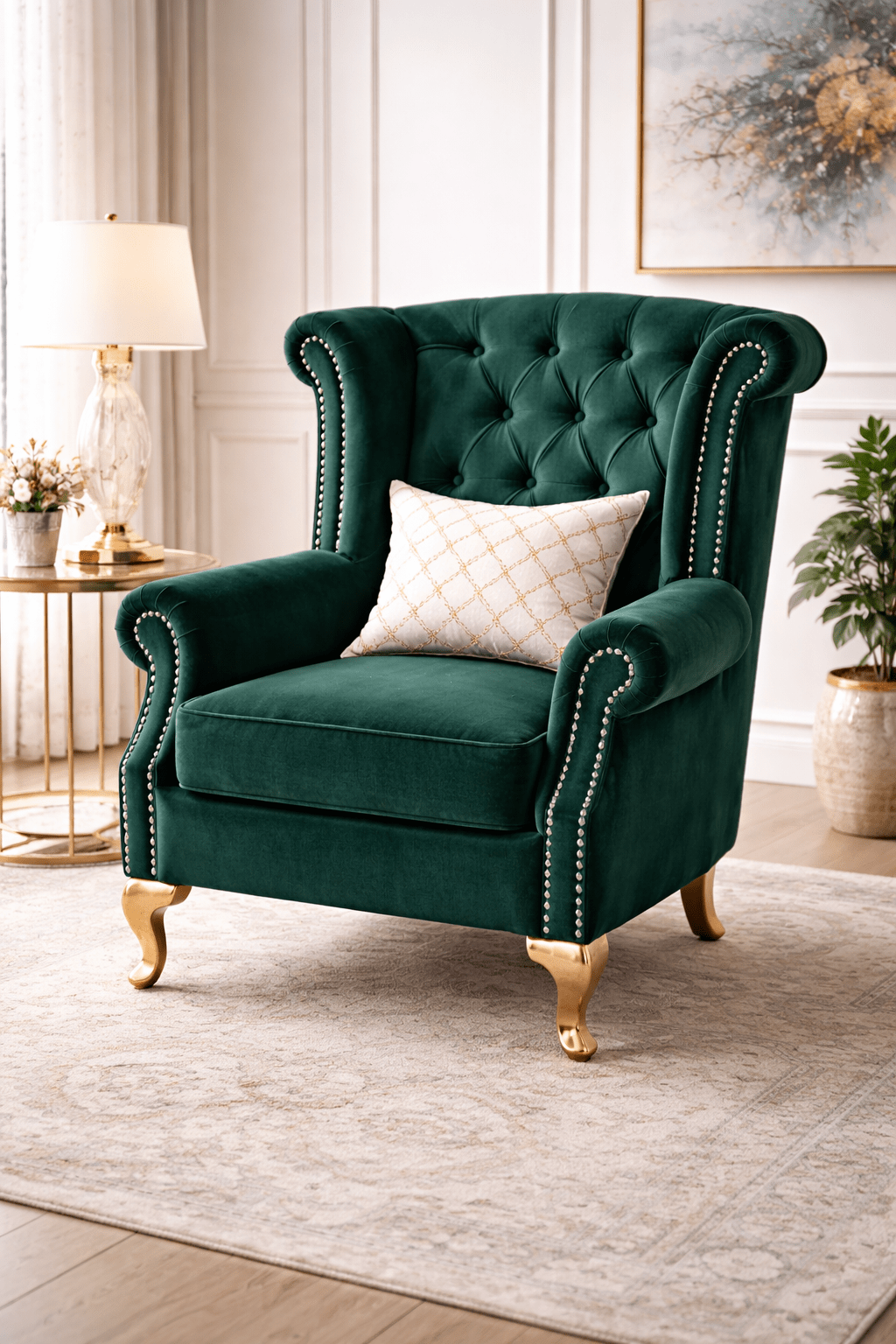 Luxury Emerald Green Velvet Wingback Chair
