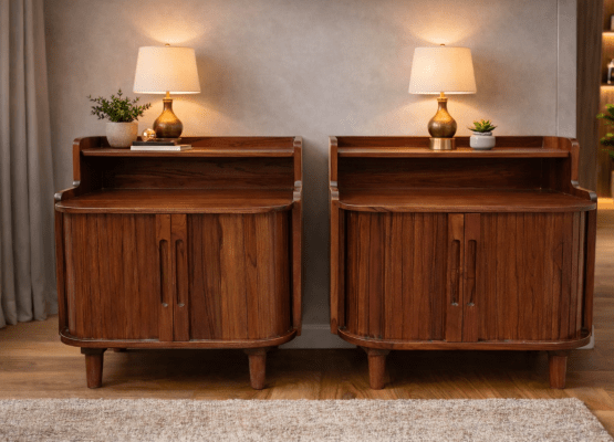 set of 2 mid-century modern wooden nightstands
