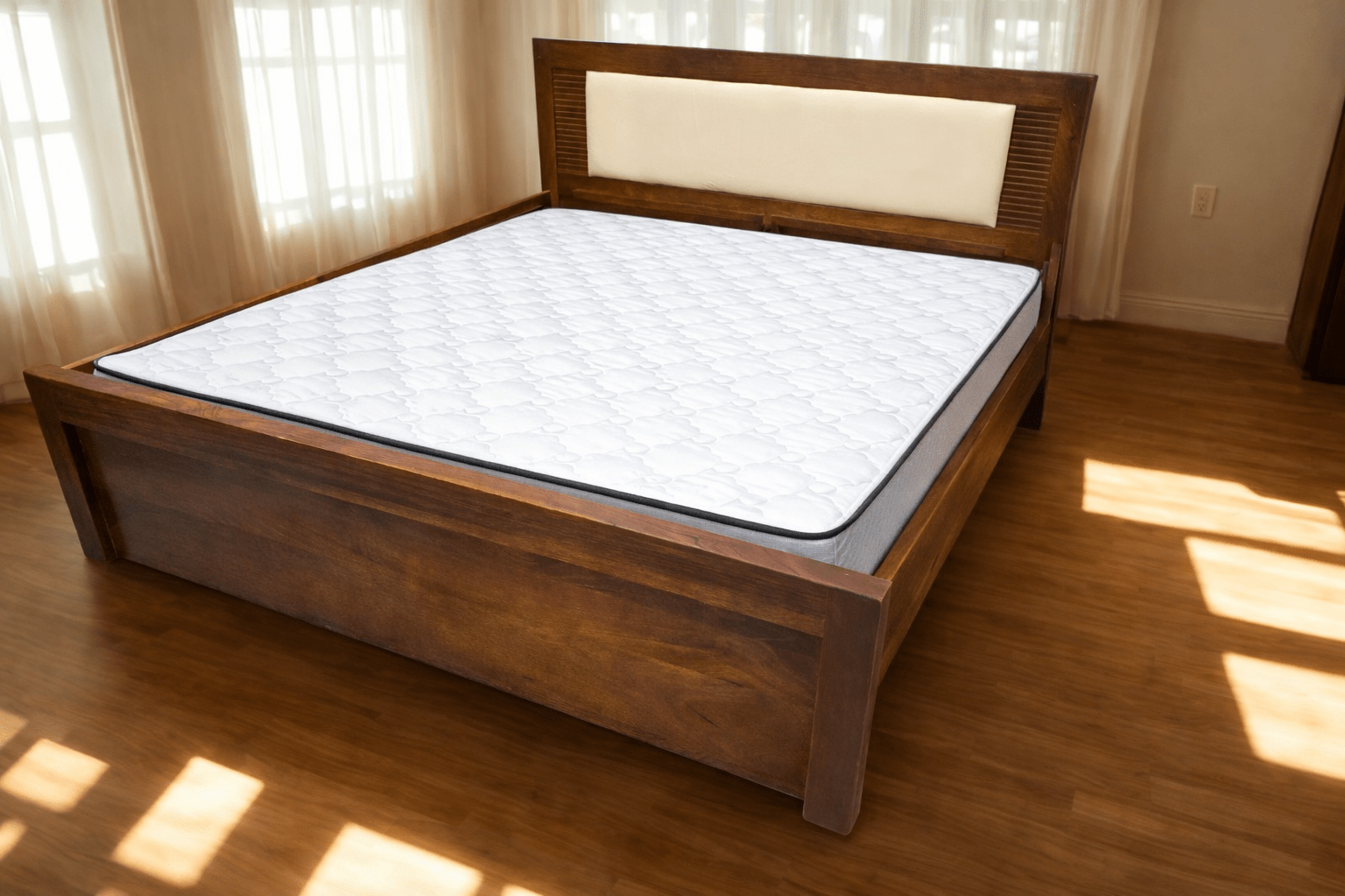 Modern Wooden Platform Bed Frame with Upholstered Headboard