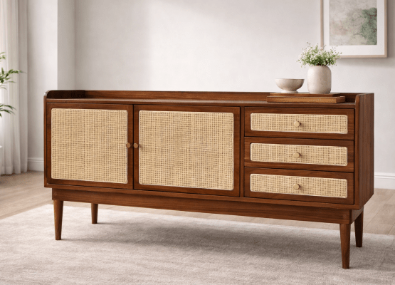 Mid-Century Modern Wooden Sideboard with Rattan Drawers