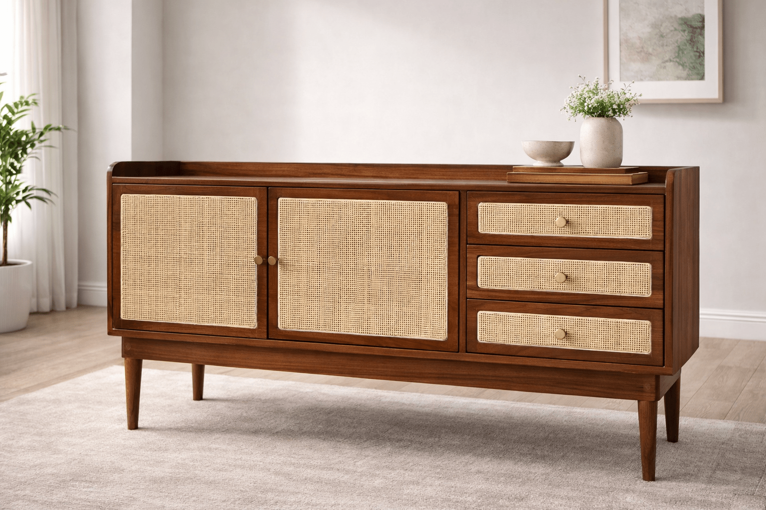 Mid-Century Modern Wooden Sideboard with Rattan Drawers