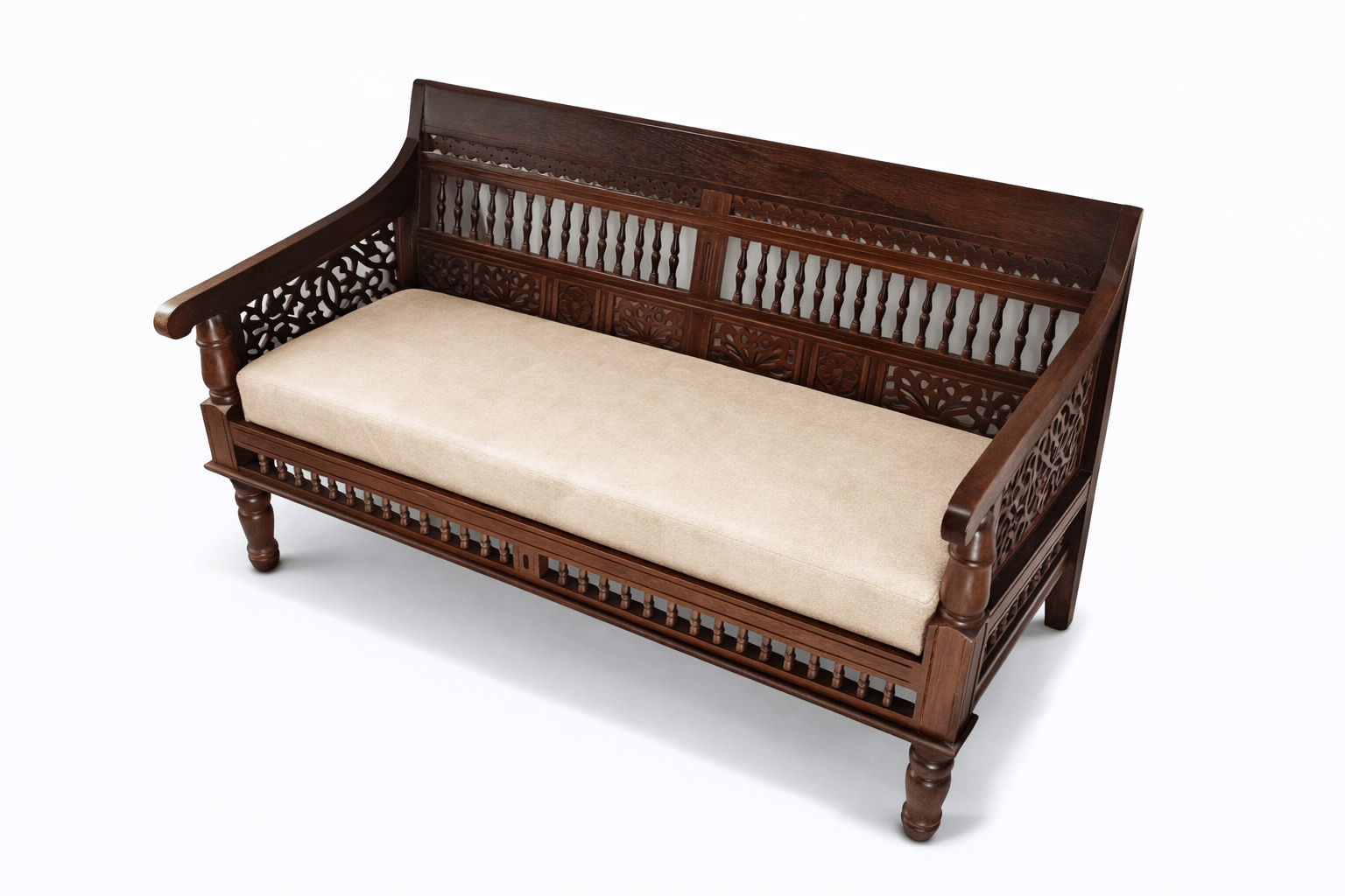 solid wood carved daybed sofa with upholstered cushion