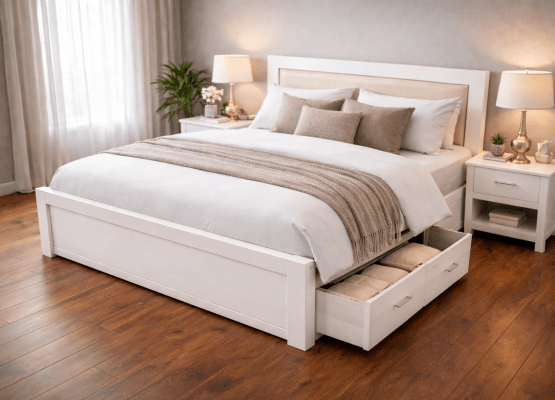 modern white wooden storage bed with upholstered headboard