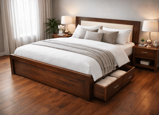 modern white wooden storage bed with upholstered headboard