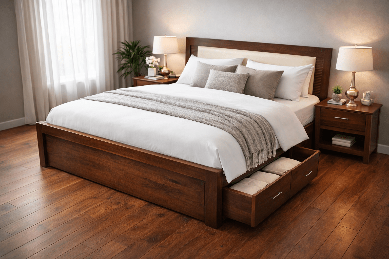 modern white wooden storage bed with upholstered headboard