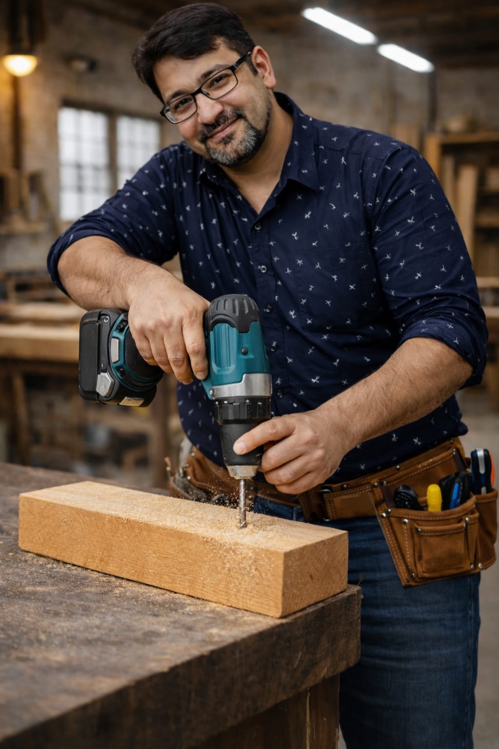 Rajendra Jangir, woodworking company owner, using a cordless power drill to drill into a wooden block inside his workshop.