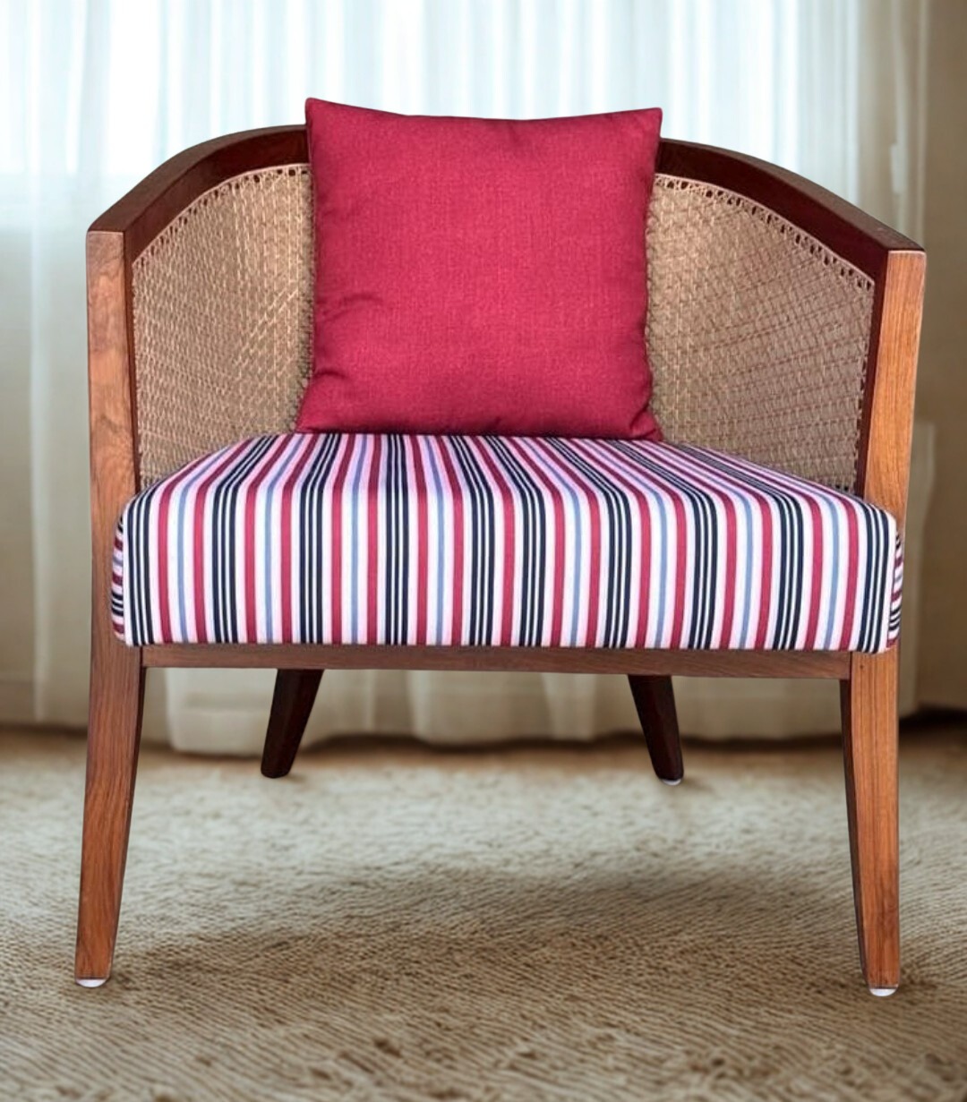 Wooden accent chair with curved cane backrest and striped cushion
