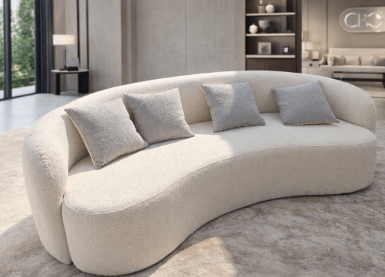 modern curved boucle sofa