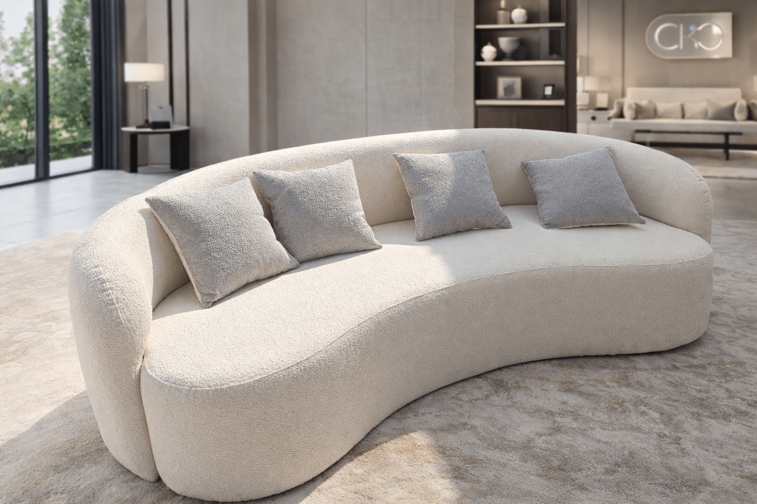 modern curved boucle sofa